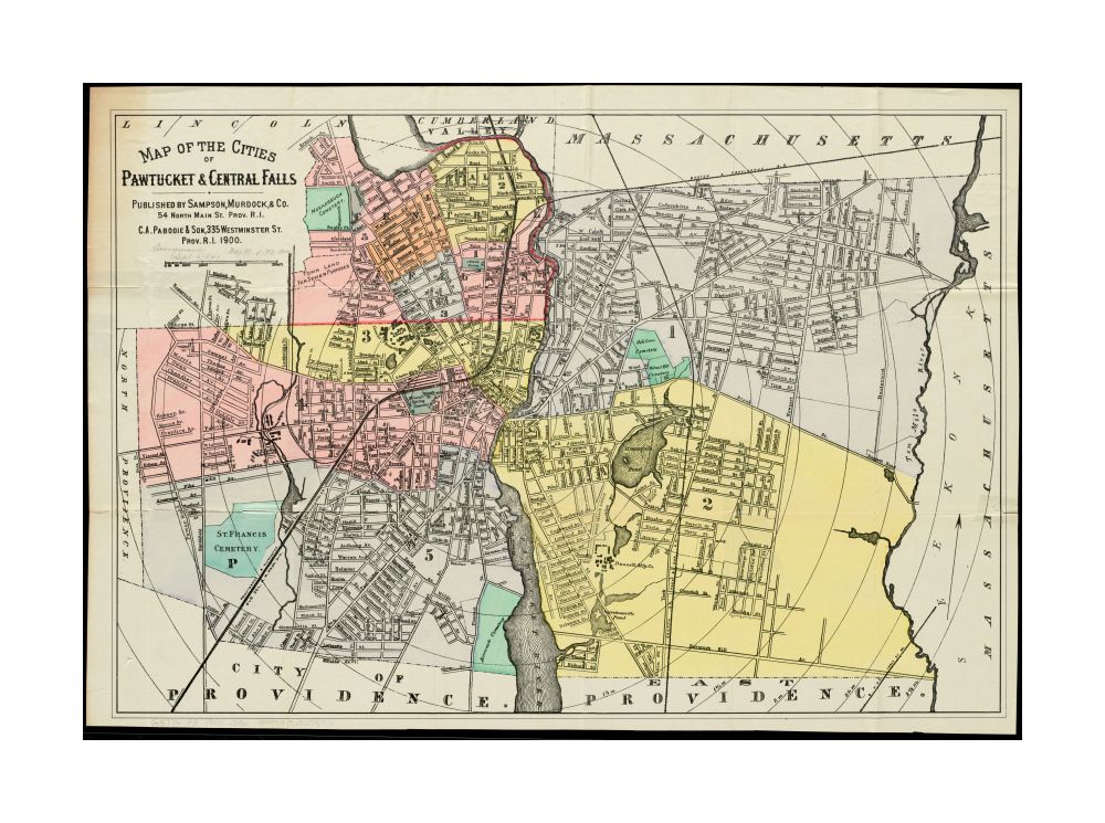 1900 Map Rhode Island | Providence | Central Falls of the cities of Pawtucket and Central Falls Map | of the cities of Pawtucket and Central Falls Shows radial distances.