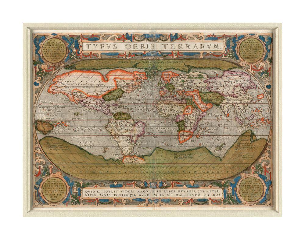 1608–1612 Map Typus orbis terrarum Relief shown pictorially. Prime meridian: Ferro. Includes ill. and medallions in corners with quotations from Cicero and Seneca. Text on verso, titled Il circuito della terra. From an Italian edition of Ortelius' Theatr - New York Map Company