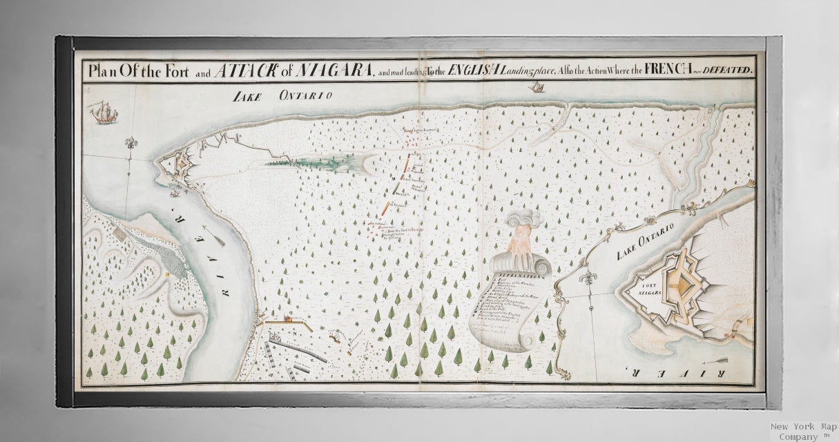 Map New York | Niagara | Old Fort Niagara Plan Of the Fort and ATTACK of NIAGARA, and road leading To the ENGLISH Landing place, Also the Action Where the FRENCH were DEFEATED Date suggested from depiction of Battle of Niagara in July 1759. Shows title a