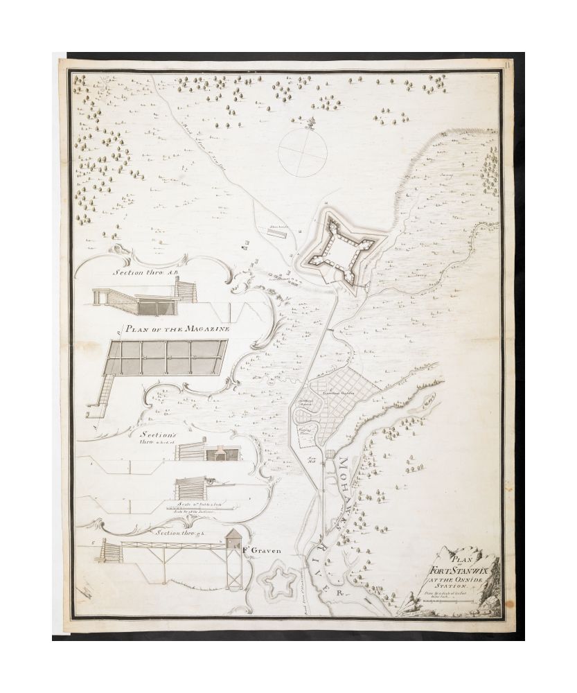 Map New York | Oneida | Rome PLAN OF FORT STANWIX AT THE ONNIDE STATION Done by a Scale of 150 Feet to one Inch Date range suggested from date of 1760 shown on Map | and date of 1762 supplied by Boston Public Library. Relief is shown by shading. Shows ti