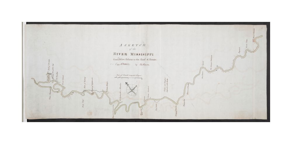 Map Mississippi River A SKETCH of the RIVER MISSISIPPI from New Orleans to the Rock of Davion Date of production from previous British Library cataloguing. Oriented with north to the left of the map, indicated by a decorative compass rose. Geographic det