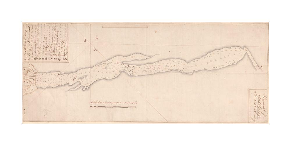 1756 Map New York | George, Lake | A Draught of Lake George with all the Islands and Soundings Previous British Library cataloguing has attributed a date of about 1760 to this map, but Fort William Henry is depicted and named - the fort's construction wa - New York Map Company