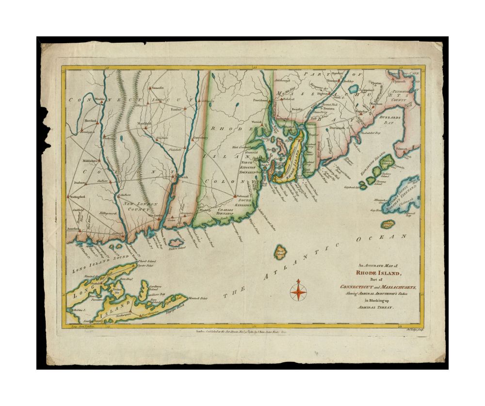 1780 Map New England | Connecticut | Rhode Island | An accurate of Rhode Island, part of Connecticut and Massachusets, shewing Admiral Arbuthnot's station in blocking up Admiral Ternay Covers Rhode Island, the eastern half of Connecticut, southeastern Ma
