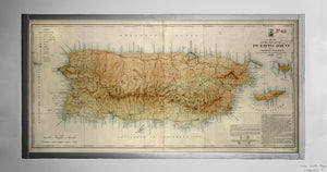 1899 Map Puerto Rico of the island of Puerto Rico Political map. Relief shown by