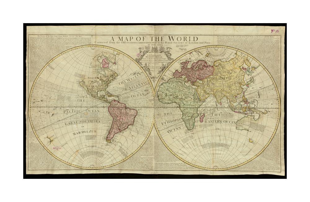 1725 Map World of the world: corrected from the observations communicated to the Royal Societys of London and Paris Relief shown pictorially. Dedication: To the right honourable Richard Boyle, Earl of Burlington and Cork, Viscount Dungarvan, Baron Cliffo - New York Map Company