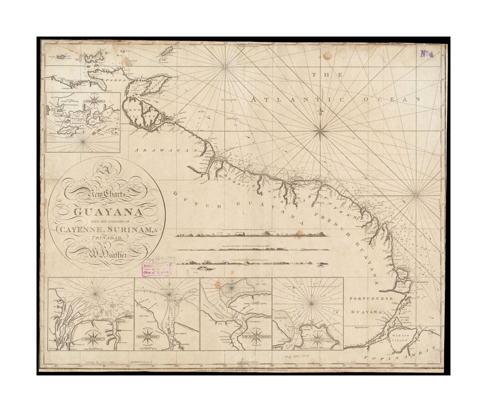 1797 Map Guiana | Suriname | French Guiana | Cayenne | Trinidad and Tobago | Trinidad A new chart of Guyana with the colonies of Cayenne, Surinam, and Trinadad Engraved by J. Stephenson. Insets: Chaguaramas; Essequebo; Berbice River; The River Surinam; C