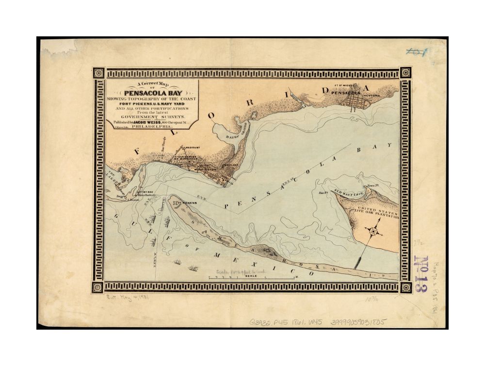 1860–1869 Map Florida | Pensacola Bay | A correct of Pensacola Bay showing topography of the coast, Fort Pickens, U.S. Navy Yard, and all other fortifications from the latest Government surveys Description derived from published bibliography.