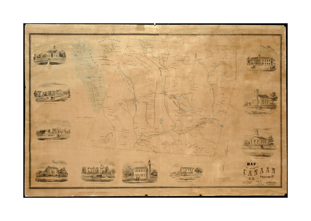 1855 Map New Hampshire | Grafton | Canaan of the town of Canaan N.H: Grafton Co Oriented with north toward the upper right. Includes 10 ill. of residences and places of interest. Ancillary maps: Canaan Street; East Canaan. Gives names of property owners.