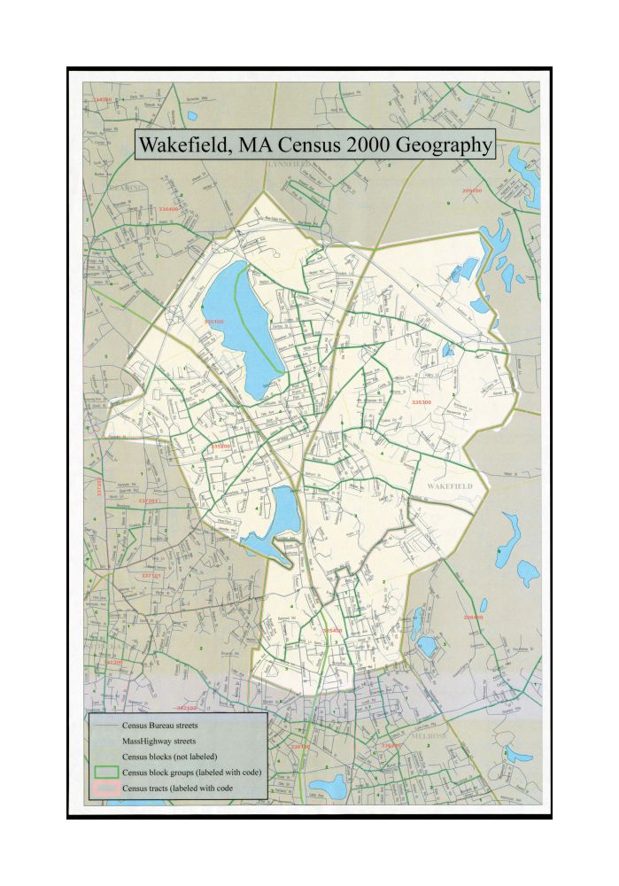 2000 Map | Middlesex | Wakefield Census tract outline maps: Wakefield, MA: (Census 2000) Wakefield, MA Census 2000 geography Map | depicts entire town of Wakefield showing boundaries and labels of U.S. Census 2000 tracts and block groups. Blocks are show