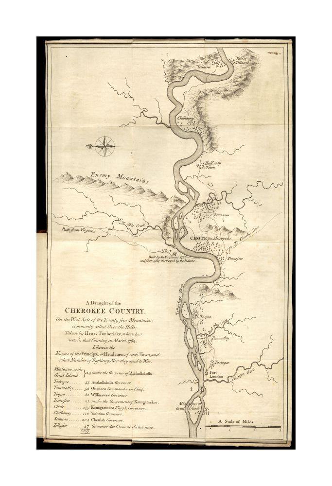 1765 Map Little Tennessee River A draught of the Cherokee Country: on the west side of the Twenty Four Mountains, commonly called Over the Hills Oriented wiith north to the left. Relief shown pictorially. Covers Fort Loudoun and part of the Little Tennes - New York Map Company