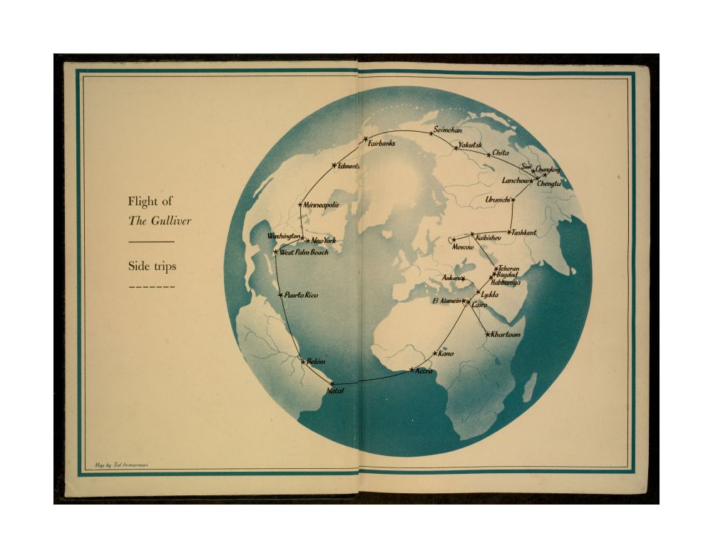 1943 Map World Flight of "The Gulliver" Following Richard Harrison's lead, other World War II cartographers and illustrators adopted global perspectives. When centered on the North Pole, such works highlighted the fact that almost 90 per cent of the worl