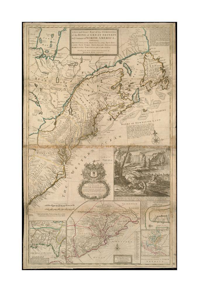 1715 Map North America A new and exact of the dominions of the King of Great Britain on ye continent of North America: containing Newfoundland, New Scotalnd, New England, New York, New Jersey, Pensilvania, Maryland, Virginia and Carolina Relief shown pic - New York Map Company