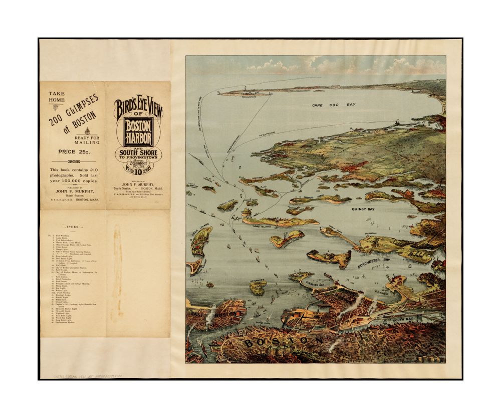 1901 Map | Boston Harbor | Bird's eye view of Boston Harbor and south shore to Provincetown showing steamboat routes Colored, birds-eye view pictorial Map | showing steamboat routes.
