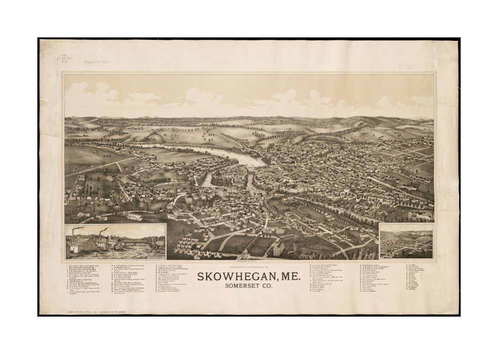 1892 Map Maine | Somerset | Skowhegan Skowhegan, Me: Somerset Co Skowhegan, Maine Bird's-eye view. Includes ill. and index to points of interest.