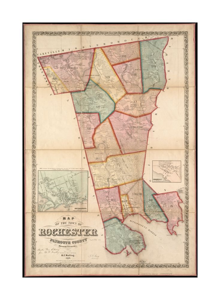 1856 Map | Plymouth | Mattapoisett of the town of Rochester, Plymouth County, Massachusetts: surveyed by order of the town Shows buildings with names of property owners and town districts. Covers the towns of Rochester and Mattapoisett. "Entered accordin