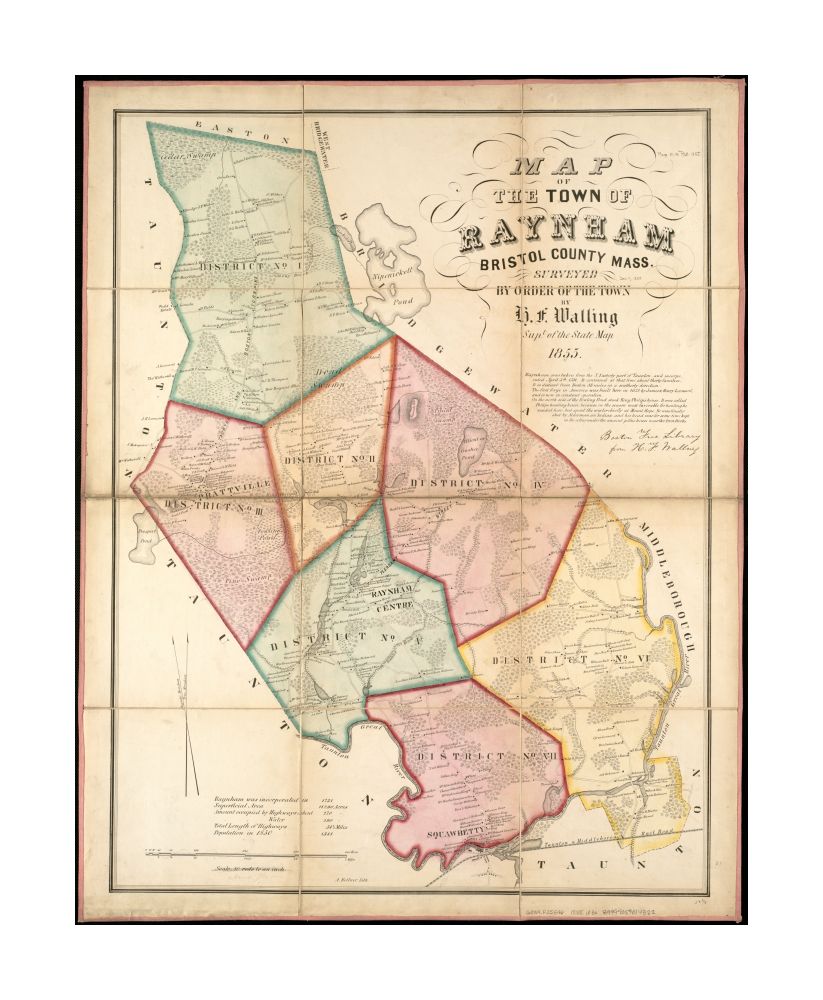 1855 Map | Bristol | Raynham of the town of Raynham, Bristol County, Mass: surveyed by order of the town Shows buildings with names of property owners and town districts. Includes historical note.