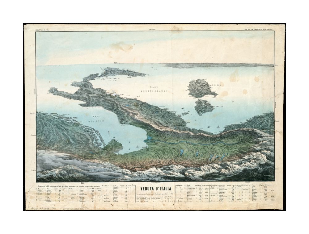 1853 Map Italy Veduta d'Italia High altitude view of Italy and the Mediterranean Sea, looking from the Alps. Includes table of distances. Appears in the author's La Geografia a colpo d'occhio. Milan. 1853. TAV. XVI. Available also through the Norman B. L