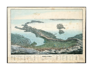 1853 Map Italy Veduta d'Italia High altitude view of Italy and the Mediterranean Sea, looking from the Alps. Includes table of distances. Appears in the author's La Geografia a colpo d'occhio. Milan. 1853. TAV. XVI. Available also through the Norman B. L