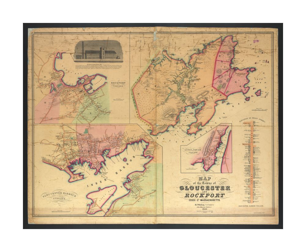 1851 Map | Essex | Rockport of the towns of Gloucester and Rockport, Essex Co., Massachusetts of Gloucester Harbour Village, Rockport Village, Annis-Squam Village and an elevation of Front Street. Appears in J.G. Garver's Surveying the shore, historic ma
