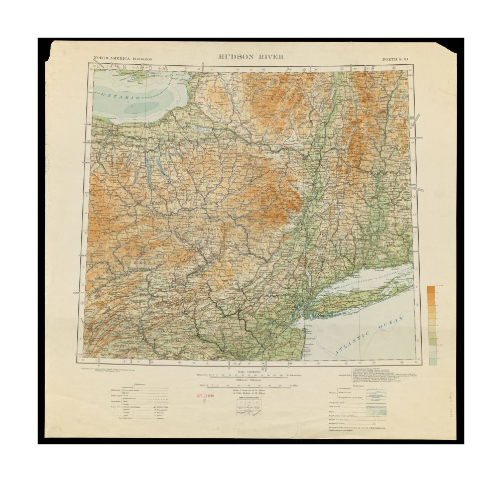 1912 Map Hudson River | New York International of the world on the Scale c. 1:1,000,000 Hudson River sheet and spot heights. Depths shown by bathymetric tints. Exhibited in “Journeys of the Imagination,” at the Boston Public Library, Boston, MA, April -