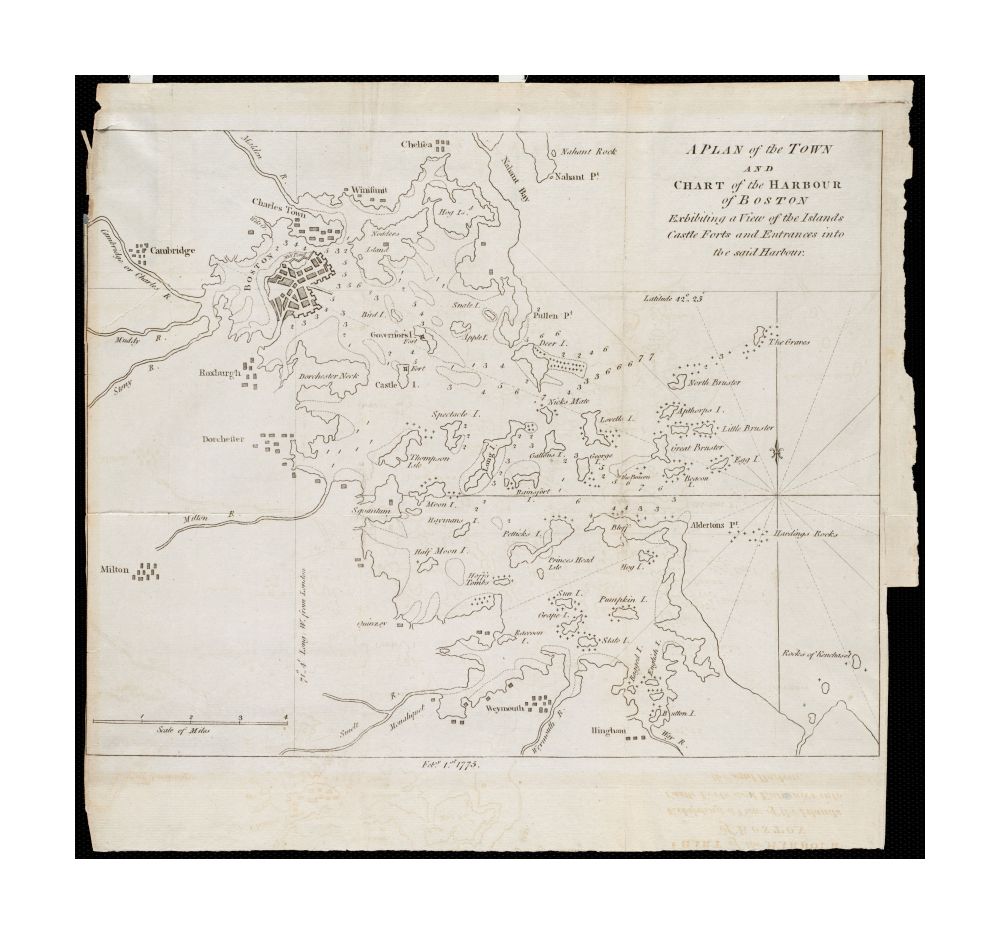 1775 Map | Boston Harbor | A plan of the town and chart of the harbour of Boston exhibiting a view of the islands, castle forts, and entrances into the said harbour This chart documents the Port of Boston at the dawn of the American Revolution. Under the - New York Map Company