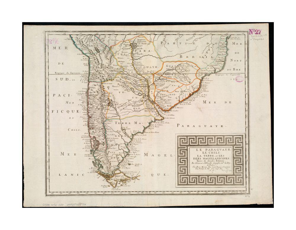 1656 Map Argentina | Chile | Uruguay | Paraguay Le Paraguayr, Le Chili, La Terre, et les Isles Magellanicques: tire?es de diverses re?lations Relief shown pictorially. "Somer Pruth sculp." - New York Map Company