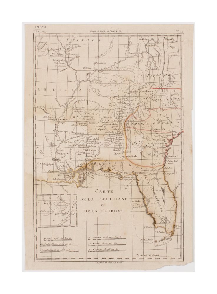 1780 Map Florida | Louisiana Carte de la Louisiane et de la Floride Map | of Louisiana and Florida, also showing the southern states of Virginia, the Carolinas and Georgia. Also shows locations of various Native American tribes. Prime meridian: Paris and
