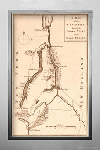 1759 Map New York | George, Lake | of the country between Crown Point and Ford Edward Map | of the area from Ford Edward on the Hudson River, to Crown Point, near Lake Champlain. Fort William Henry, Lake George and the "Drown'd Islands" are seen in the l - New York Map Company