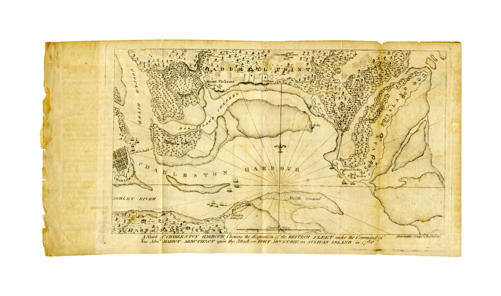 1785 Map South Carolina | Charleston | Charleston Harbor (bay) A sketch of Charleston Harbour: shewing the disposition of the British fleet under the command of Vice Adml. Mariot Arbuthnot upon the attack on Fort Moultrie on Sulivan Island in 1780 Detach