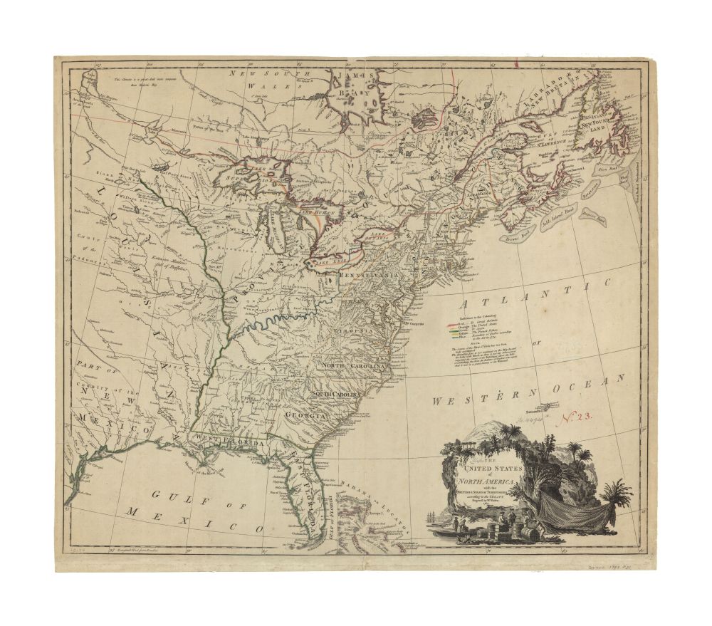 1783 Map United States The United States of North America, with the British and Spanish territories according to the treaty Relief shown pictorially. Second issue according to Tooley. Prime meridian: London. Colored in outline showing boundaries. Include