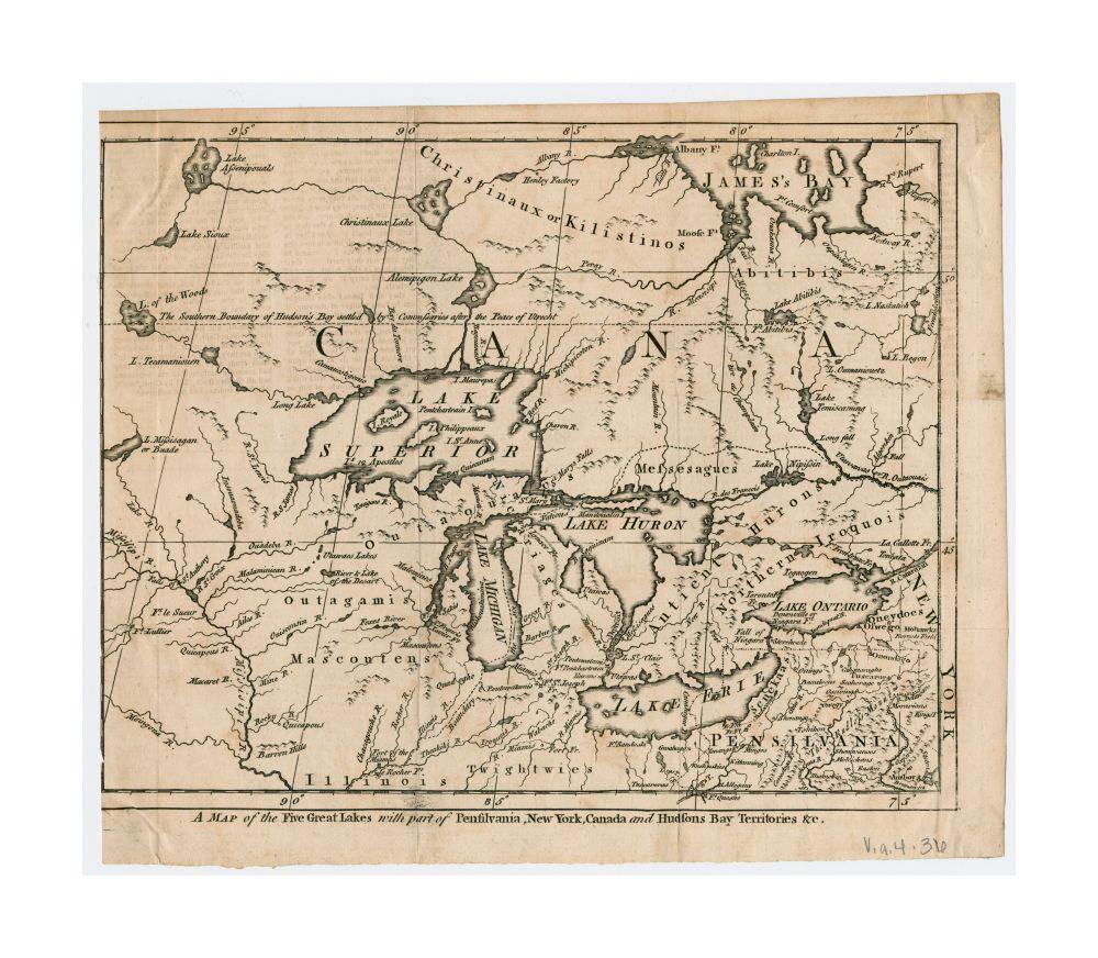 1755 Map Great Lakes of the five Great Lakes with part of Pensilvania, New York, Canada, and Hudsons Bay Territories andc Relief shown pictorially. - New York Map Company