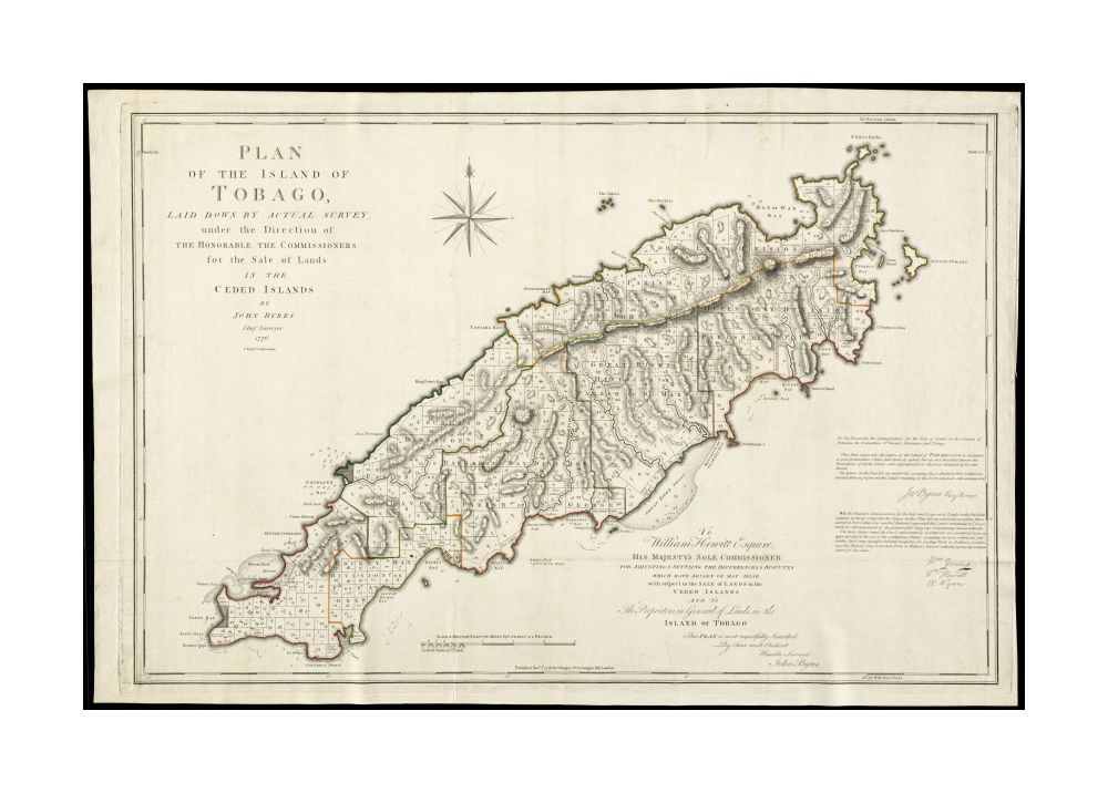 1776 Map Trinidad and Tobago | Tobago | Tobago Plan of the island of Tobago laid down by actual survey under the direction of the honorable the Commissioners for the Sale of Lands in the ceded islands At the end of the Seven Years War in 1763, France ced