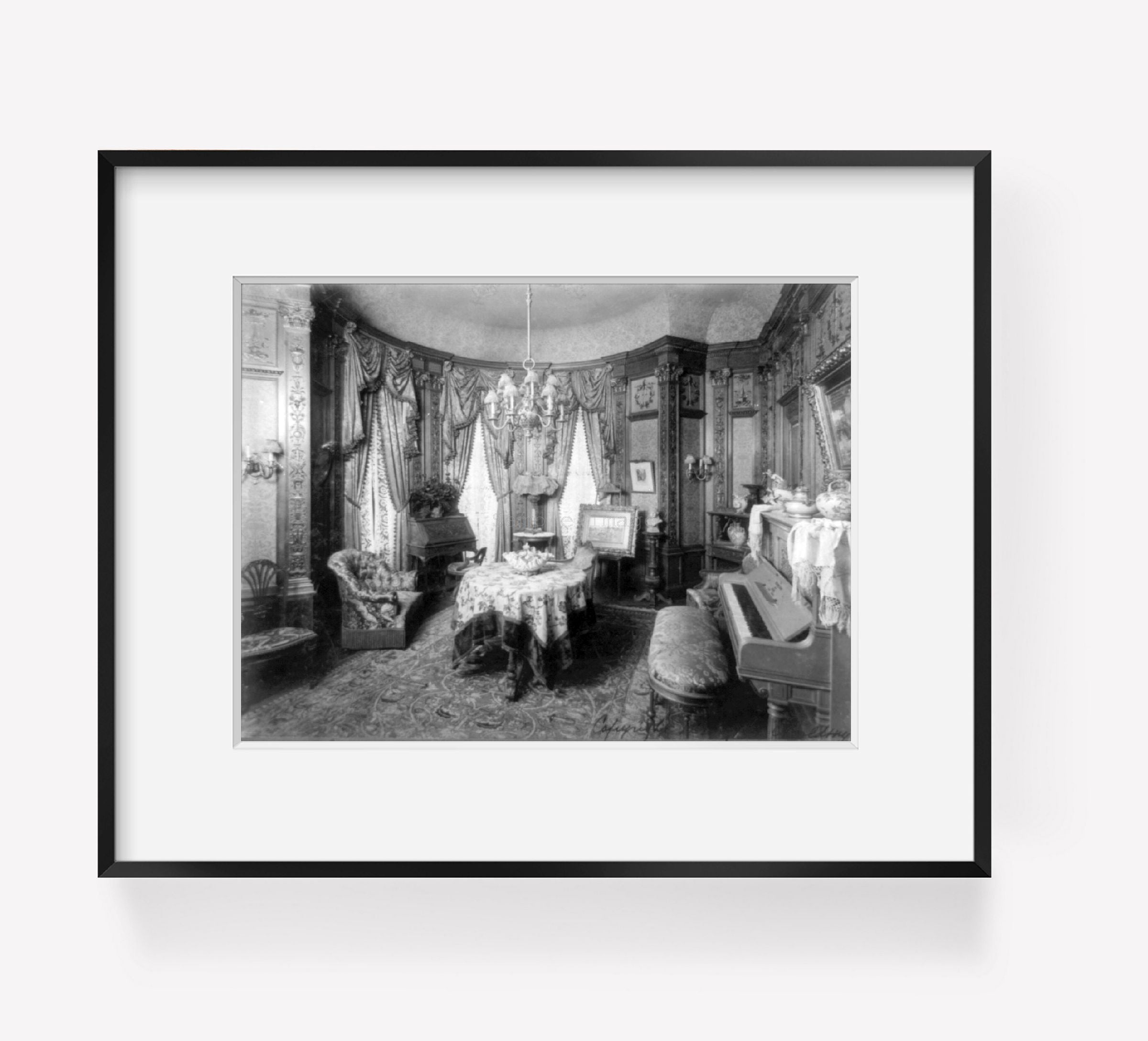 Photo: Room 210, July 24, 1902, piano, curtains, chandelier, tables, chairs