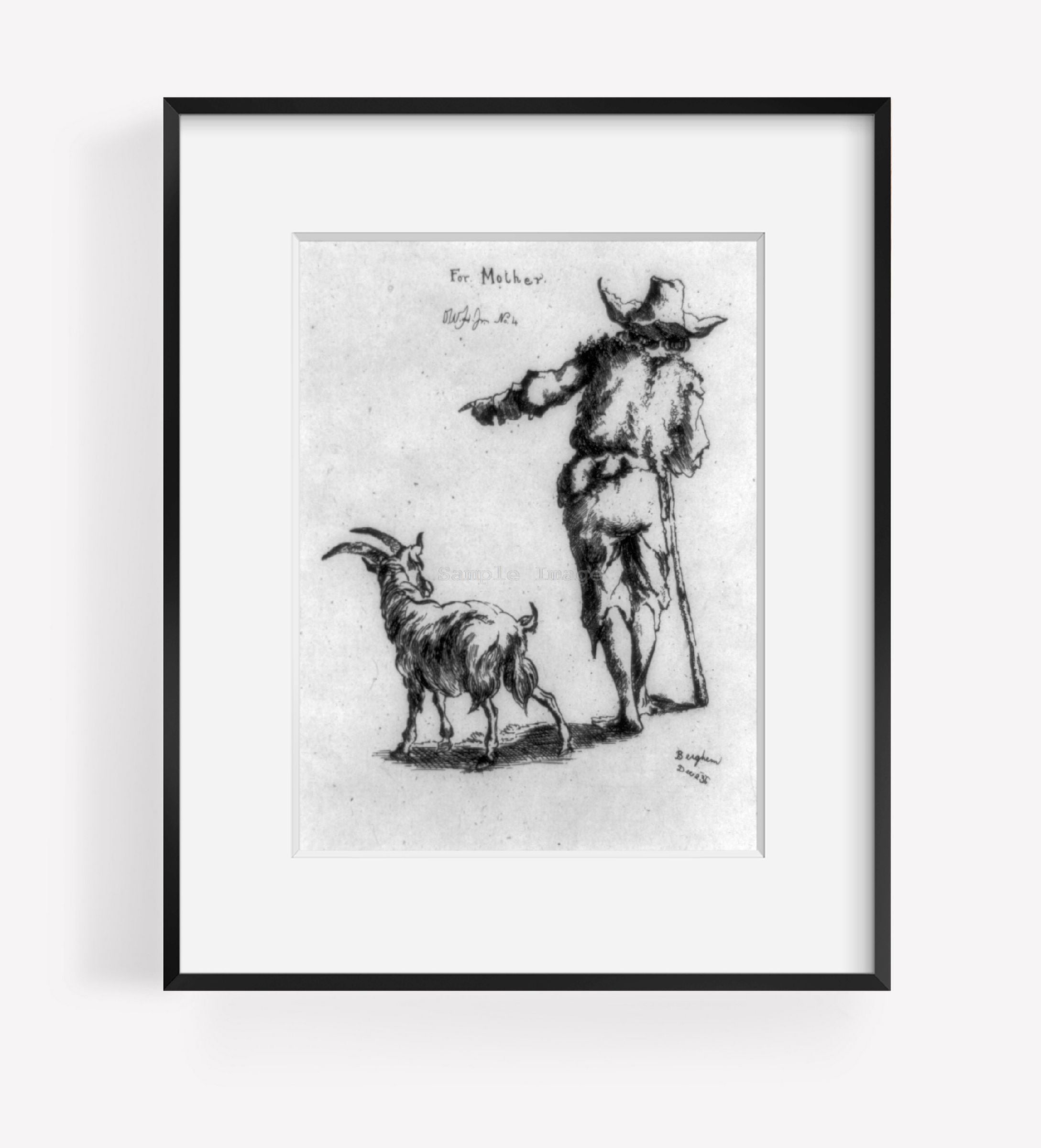 Vintage 1936? photograph: Etching of man and goat by Justice Oliver Wendell Holm