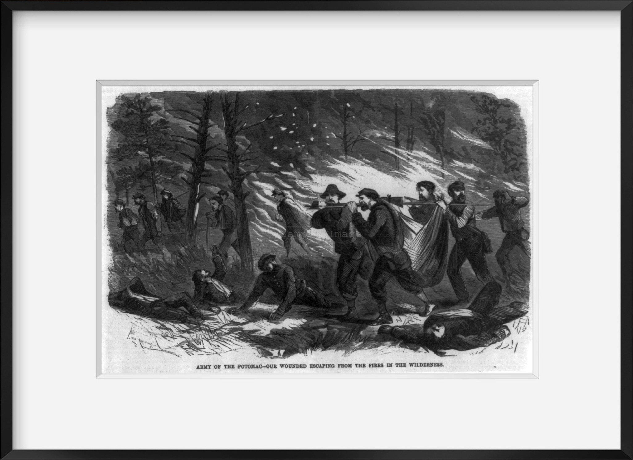 Vintage 1864 photograph: Army of the Potomac - Our wounded escaping from the fir