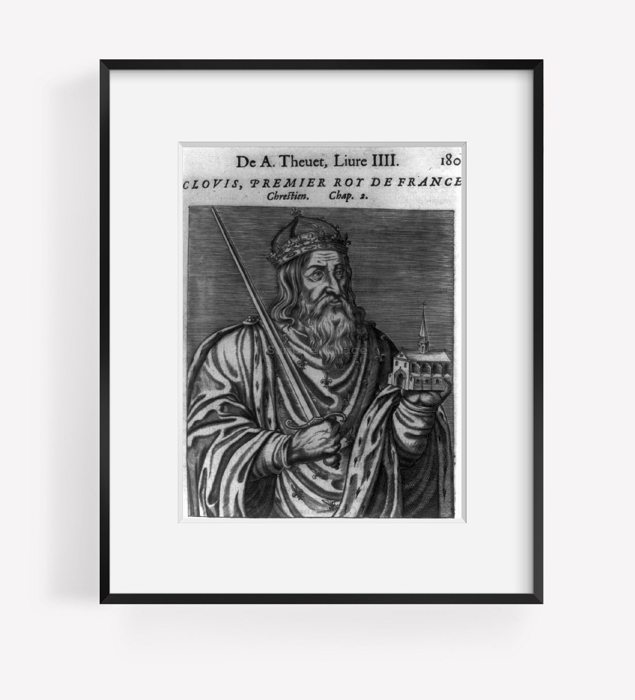 Vintage 1584 print: Clovis, King of the Franks, 466-511 Summary: 1/2 length, ho