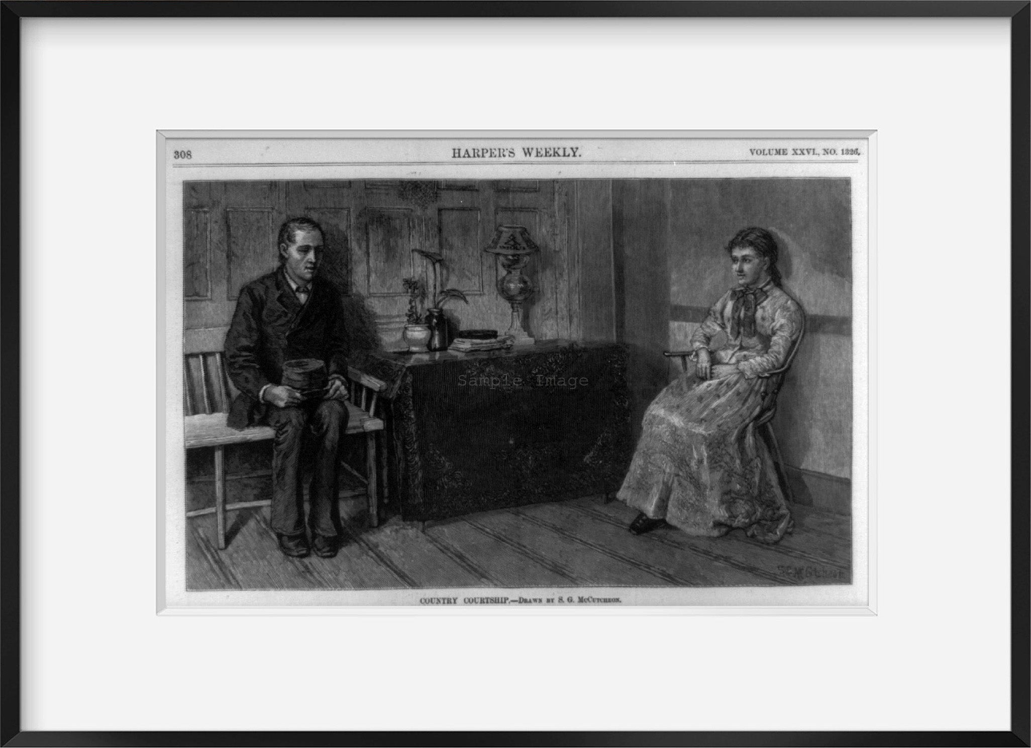 Vintage 1882 photograph: Country courtship Summary: Man and woman seated yards