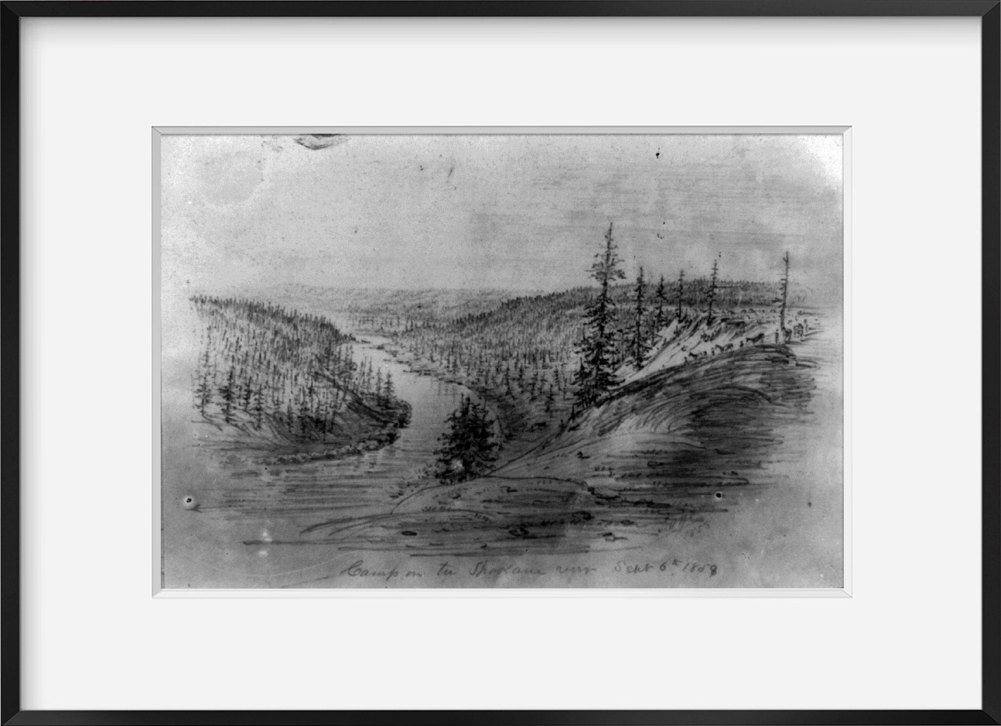 Photo: Camp, Spokane River, territories, trees, drawings, Idaho, Washington, ID, WA, 1858