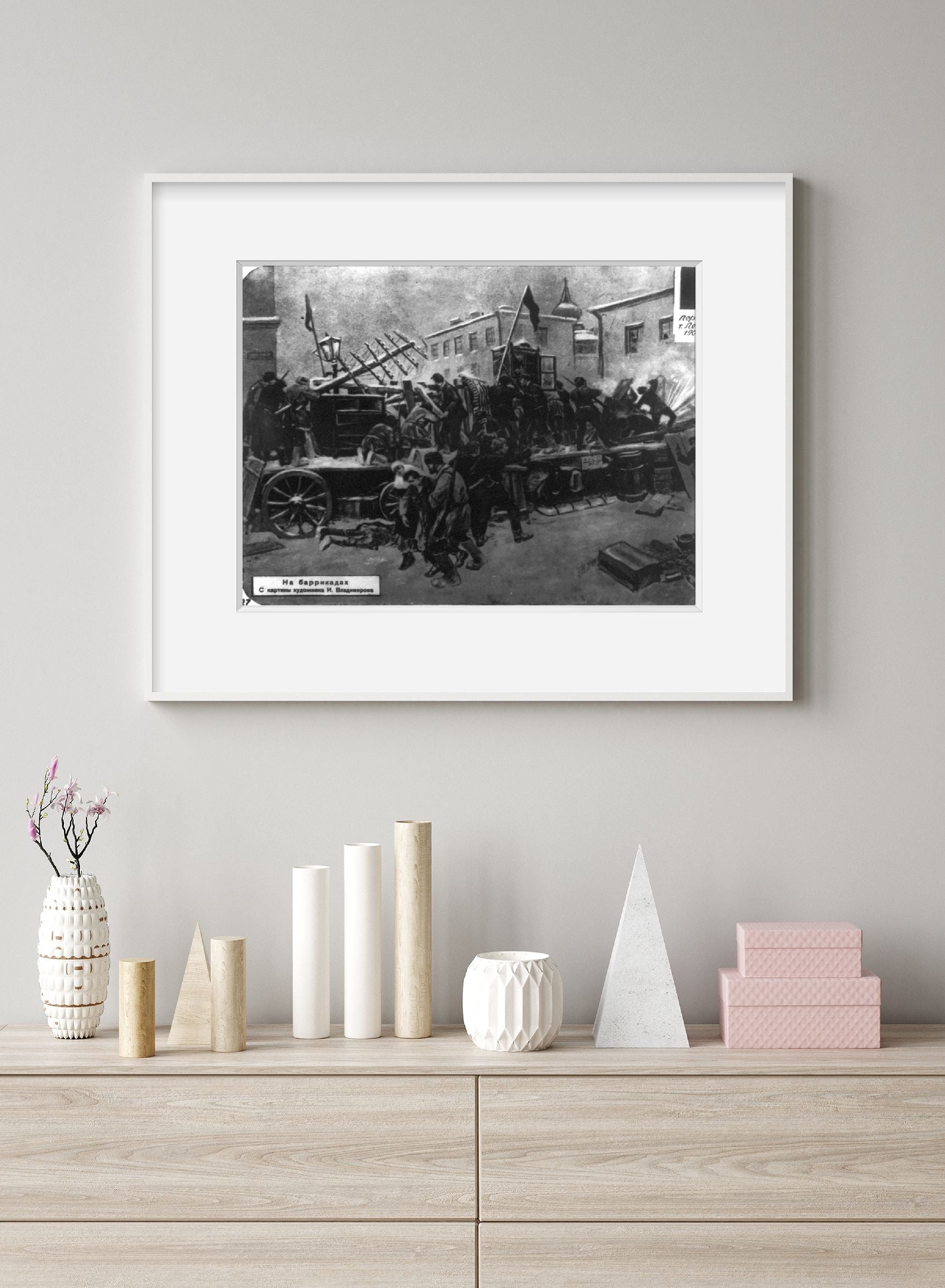 Vintage photograph: Russian workers fighting from behind barricades during revol