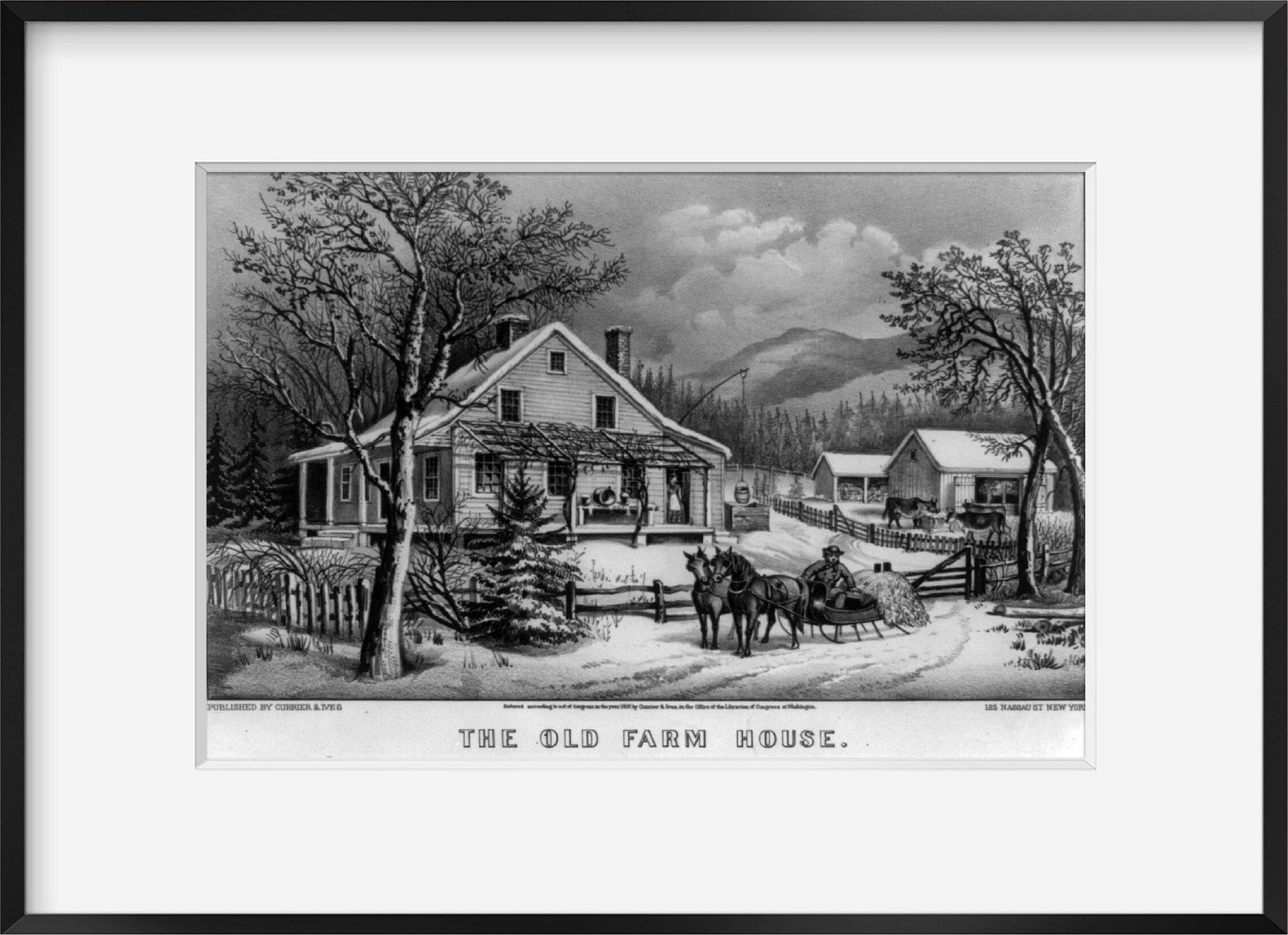 Photo: Old Farm House, c1872, Currier & Ives, Photo, horses, sled, cows, fence, snow