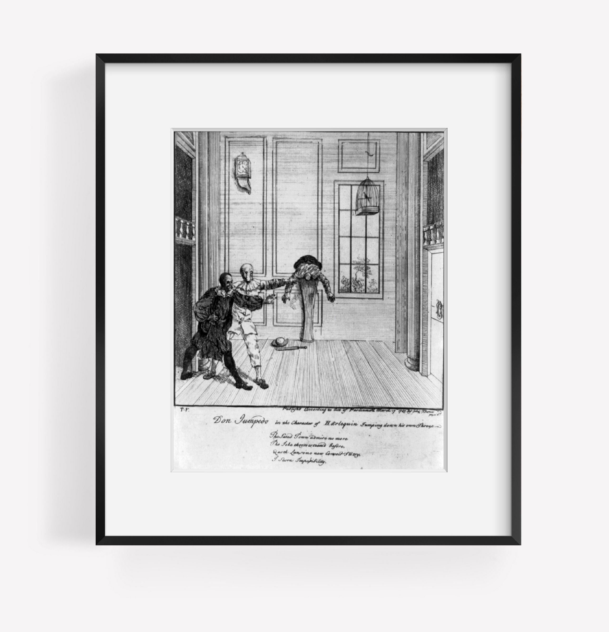 Photo: Don Jumpedo in Character of Harlequin, British Cartoon, 1749, Pedestal, Throa