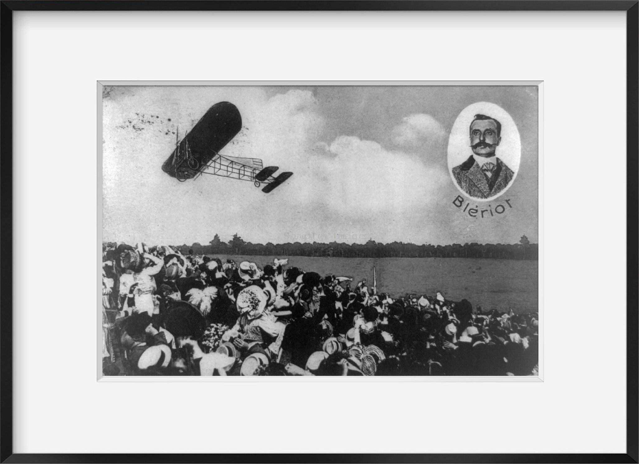 1910? photograph of Louis Blériot and his plane flying over spectators