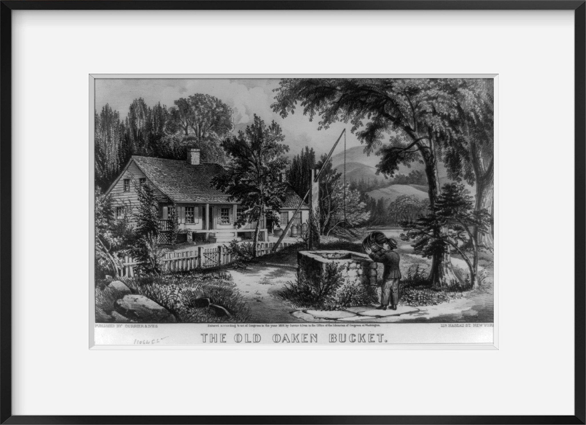Photo: The old oaken bucket, c1872, Currier & Ives, photo, well, cottage, man, trees