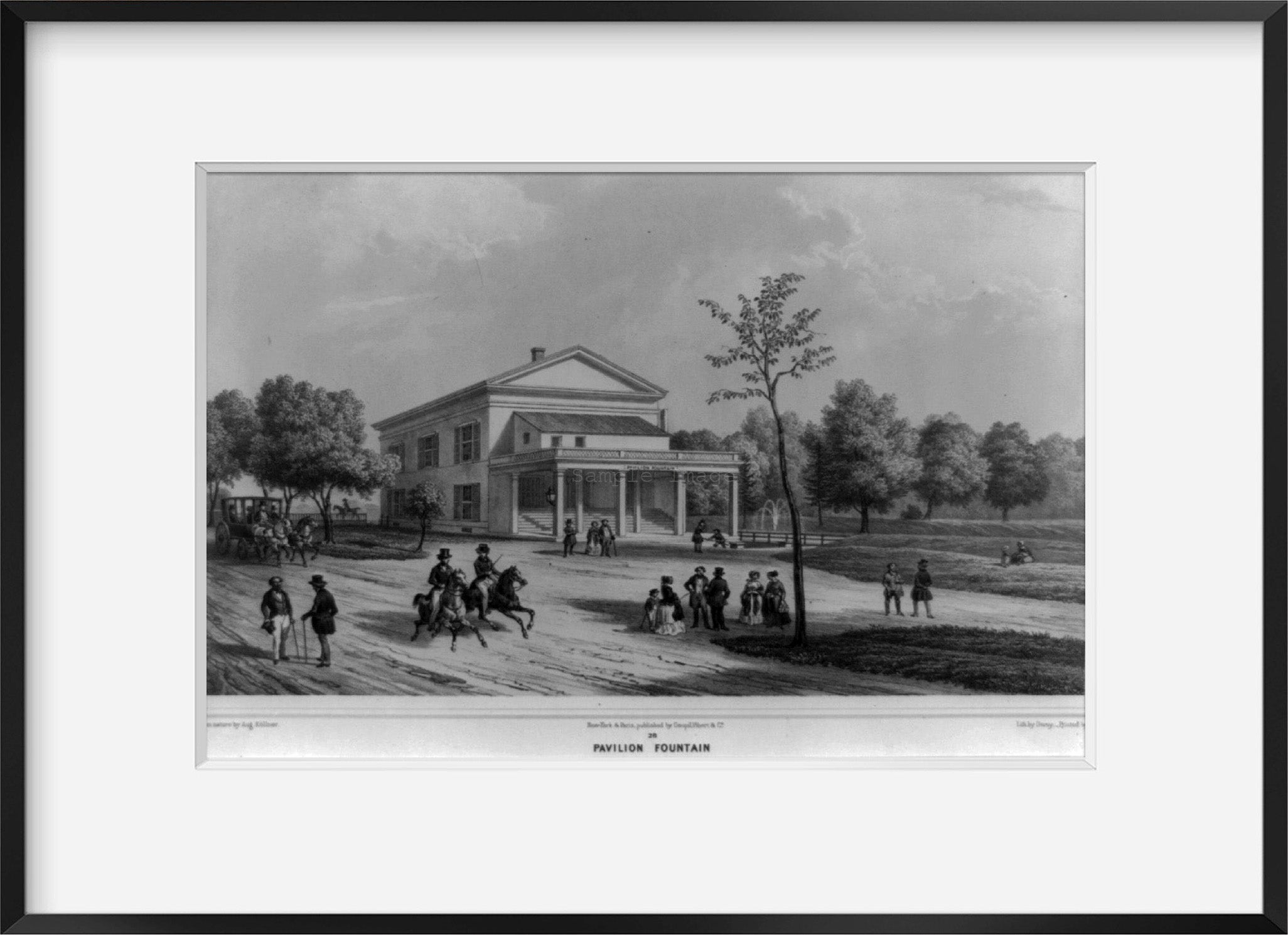 Photo: Saratoga pavilion fountain, November 5, c1849, people, trees, horseback