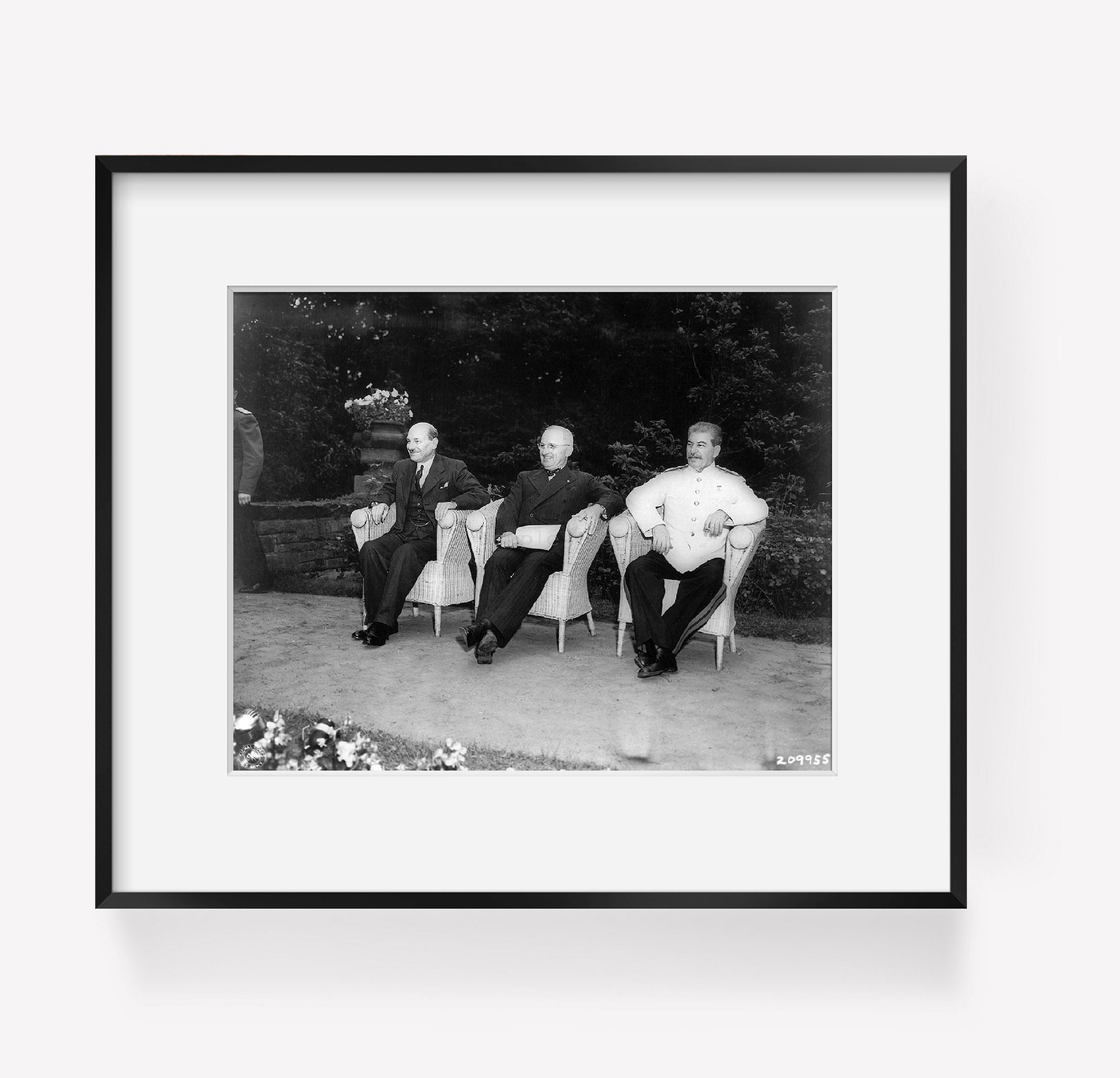 1945 Aug. 1 photograph of Clement Attlee, Harry Truman, and Joseph Stalin, seate