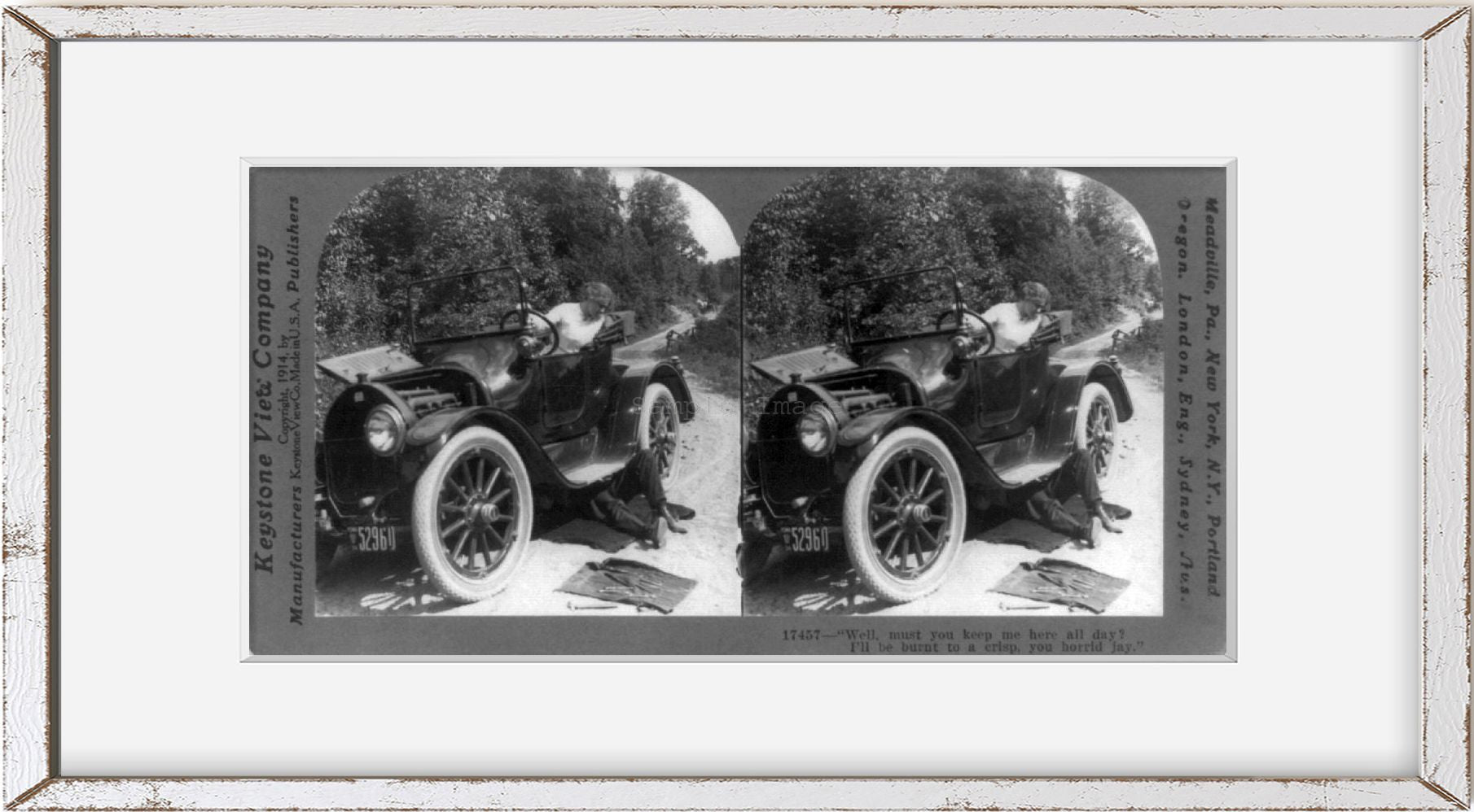 Photo: Photo of Stereograph, Picture Story, Boy underneath Disabled Auto, c1914, Car