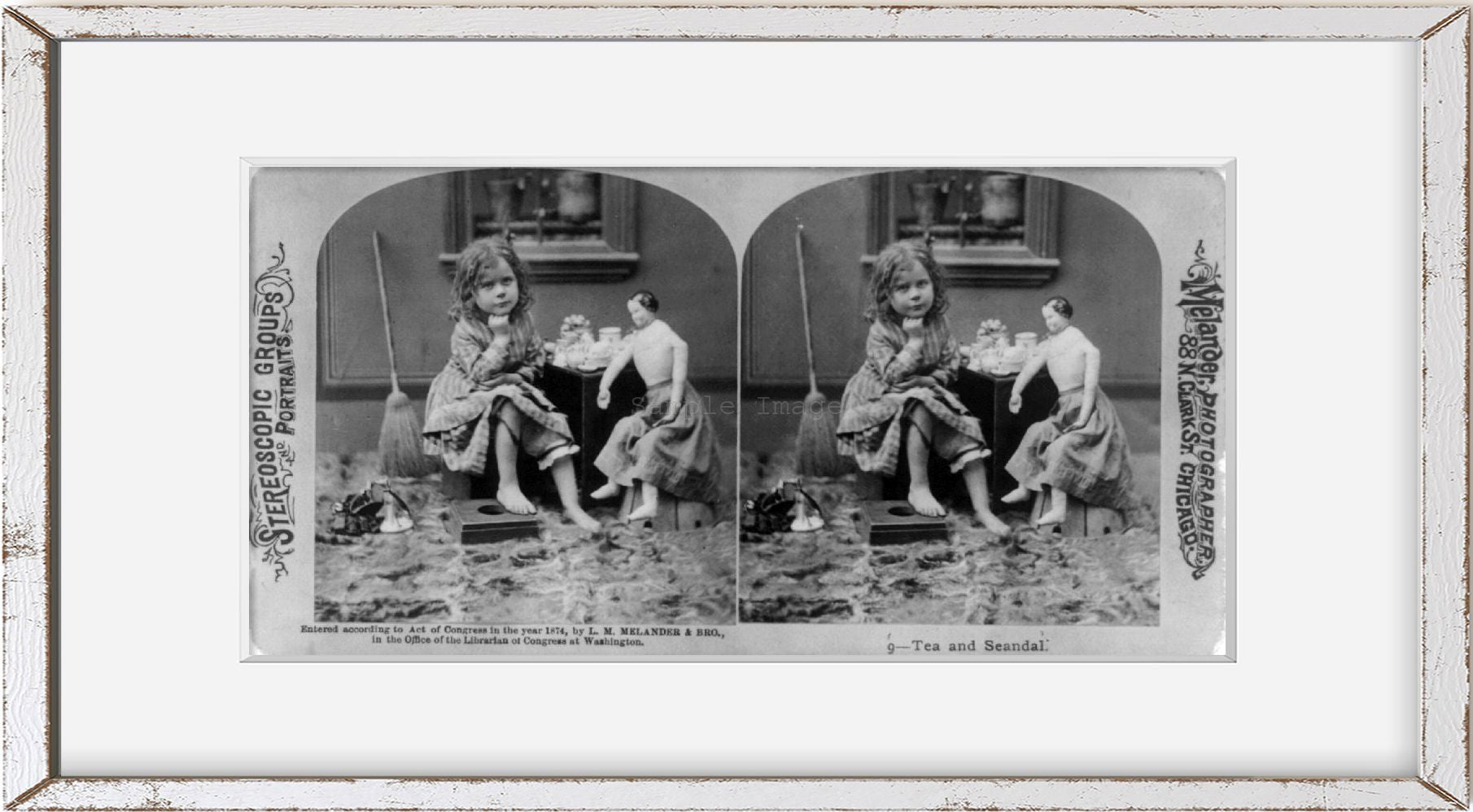Photo: Photo of Stereograph, Tea, Seandal, Girl, play, tea set, Broom, Doll, Children at