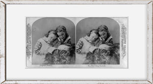 Photo: Photo of Stereograph, Young Students, Girls Reading, Watching Sleeping Kitte