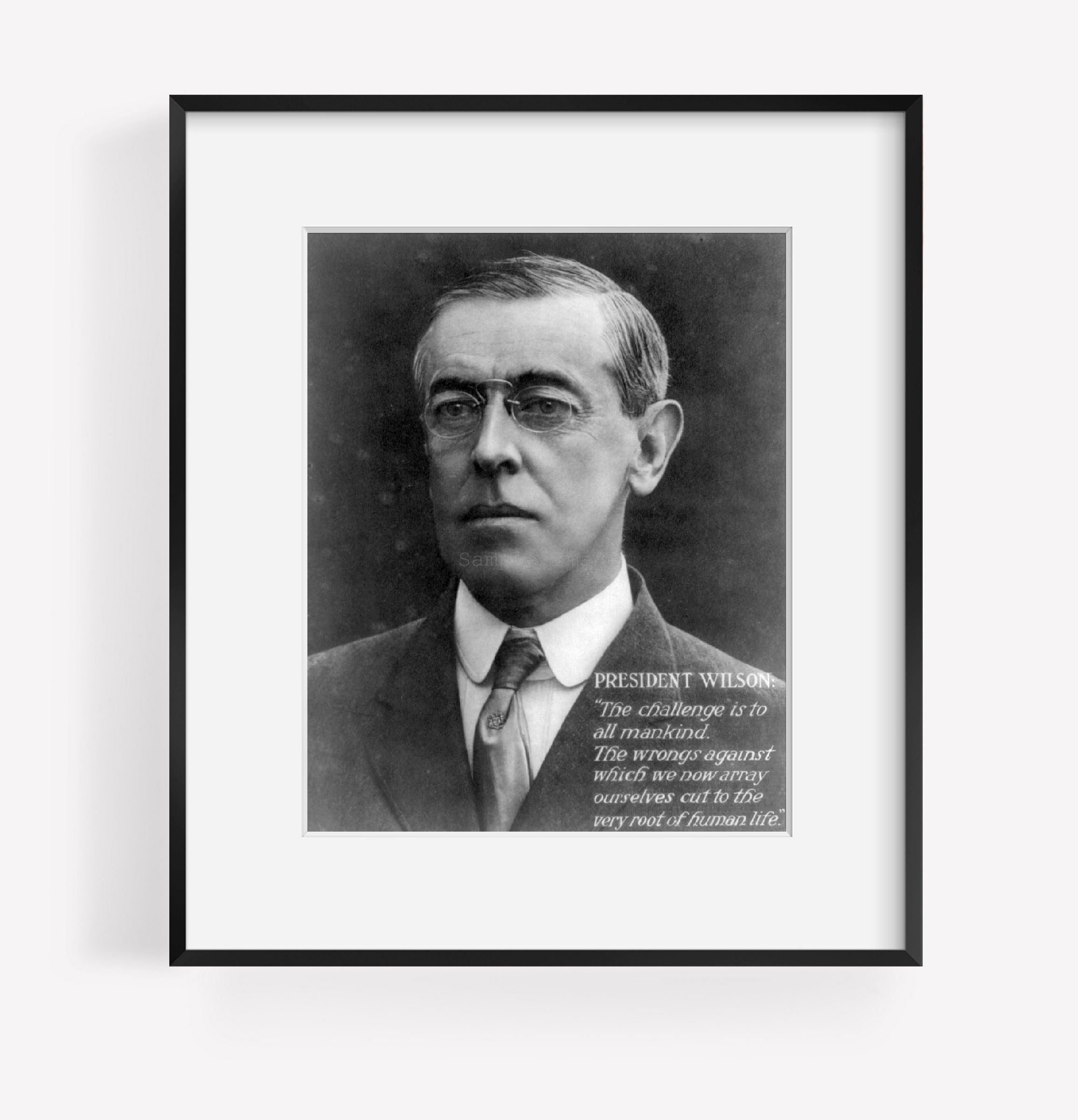 Vintage photograph: Woodrow Wilson; bust, facing left. WWI poster with quote: "t