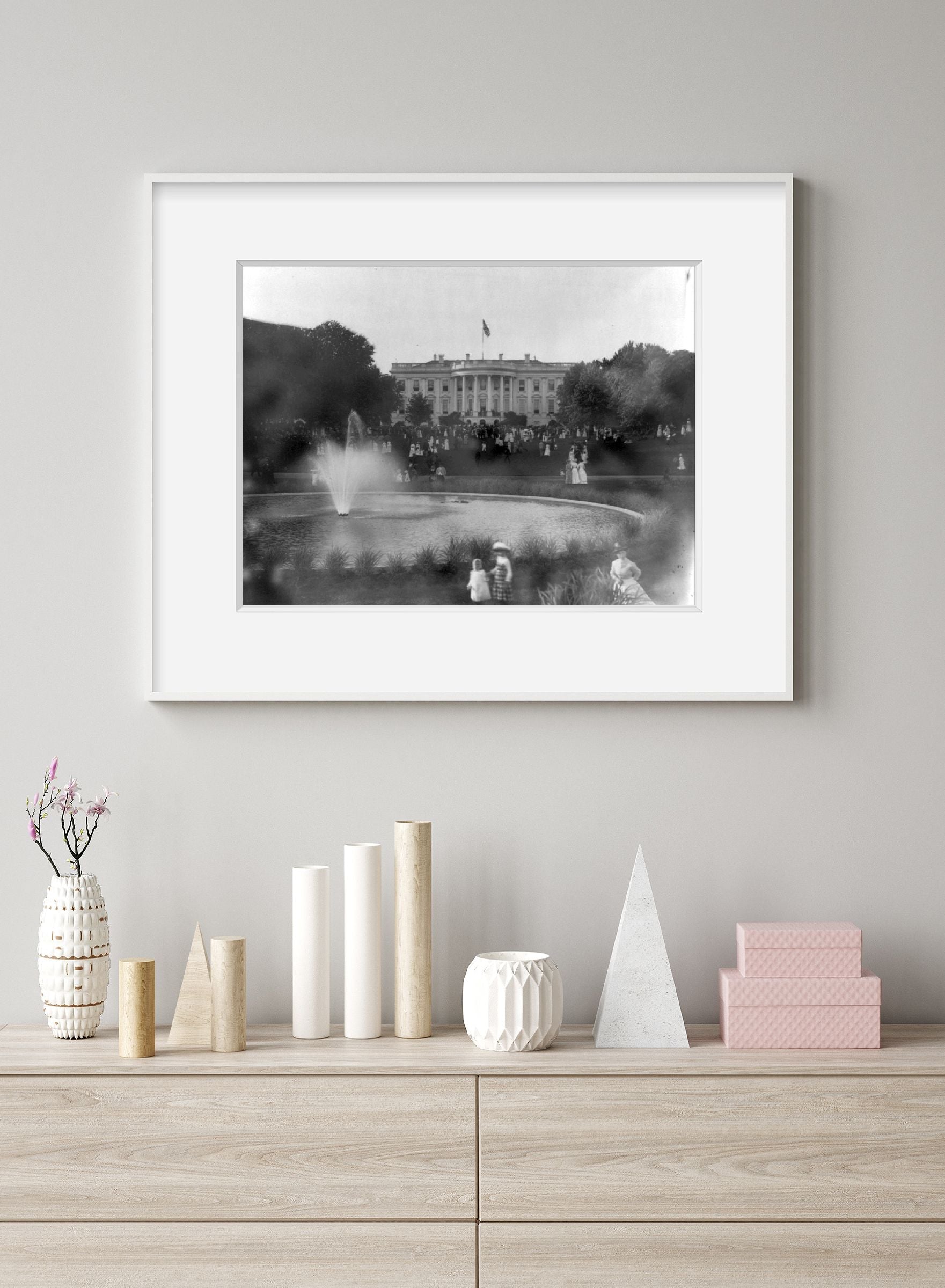 ca. 189- photograph of Wash., D.C. White House looking across pool and South Law